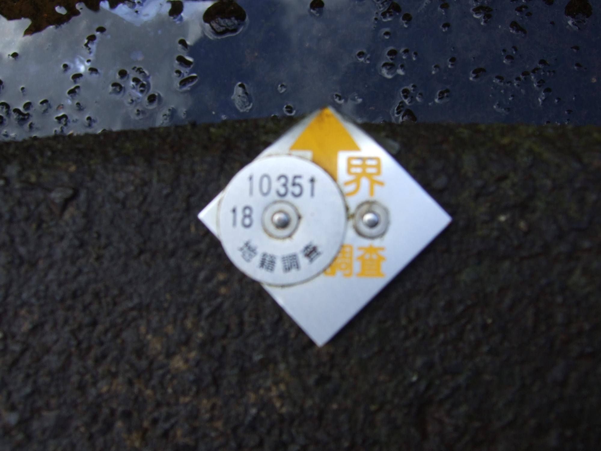 道路の境界の位置をに黄色プレートで表している写真