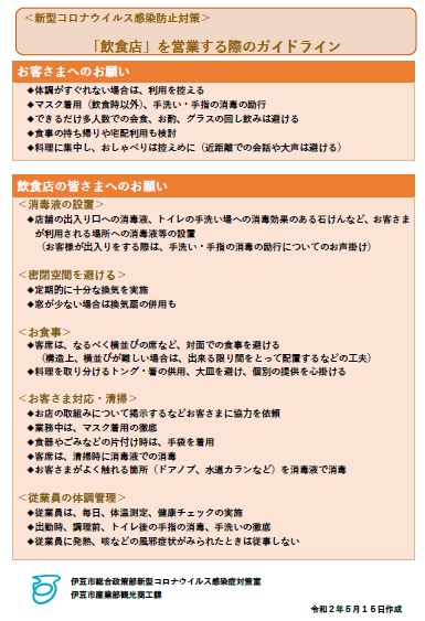 新型コロナウイルス感染防止対策「飲食店」を営業する際のガイドライン