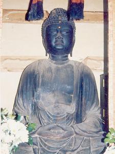 両手の指同士を合わせ親指を上にあげて座禅を組んでいる木造釈迦如来坐像の上半身を写している写真