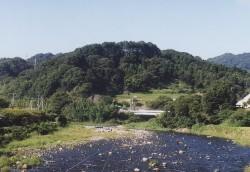 手前に平地、奥に森のように木が沢山立った山が見えている狩野城跡の写真