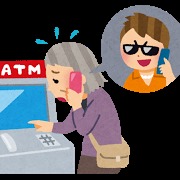 ATMの前で怪しい男の電話に困っている年配の女性のイラスト