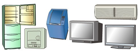 テレビ、エアコン、冷蔵庫、冷凍庫、洗濯機のイラスト