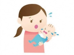 泣いている赤ちゃんを抱っこし、困った様子の女性のイラスト