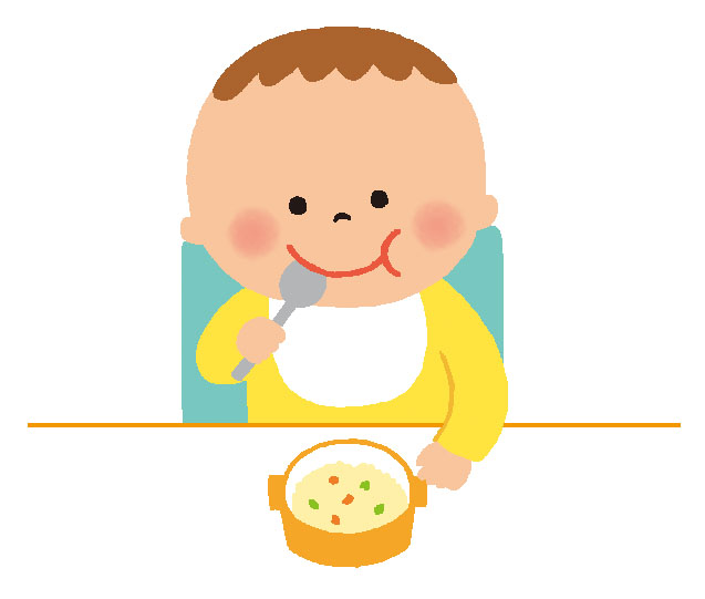 スプーンを使ってご飯を食べる赤ちゃんのイラスト