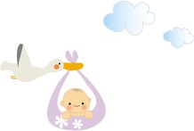 コウノトリが赤ちゃんを運んで飛んでいるイラスト