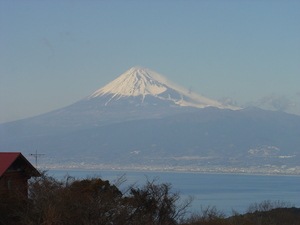 木々や三角屋根の奥に壮大にたたずむ富士山の写真