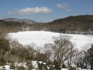 葉を落とした木々に囲まれた池が、真っ白に凍っている写真