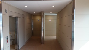 右側に女性のマーク、左側に男性のマークがついたトイレの入口が写っている写真