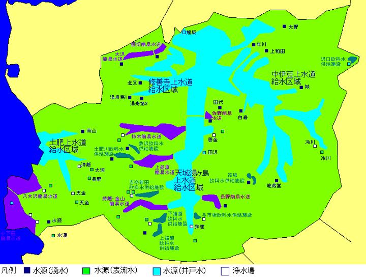 伊豆市の水道施設と給水区域を表す地図