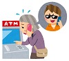 女性がATM機械で電話をしながら振り込みをしようとしているイラスト