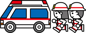 救急車と消防服を着た隊員のイラスト