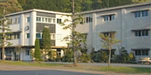 数本の木の奥に3階建ての校舎が見える中伊豆中学校の写真