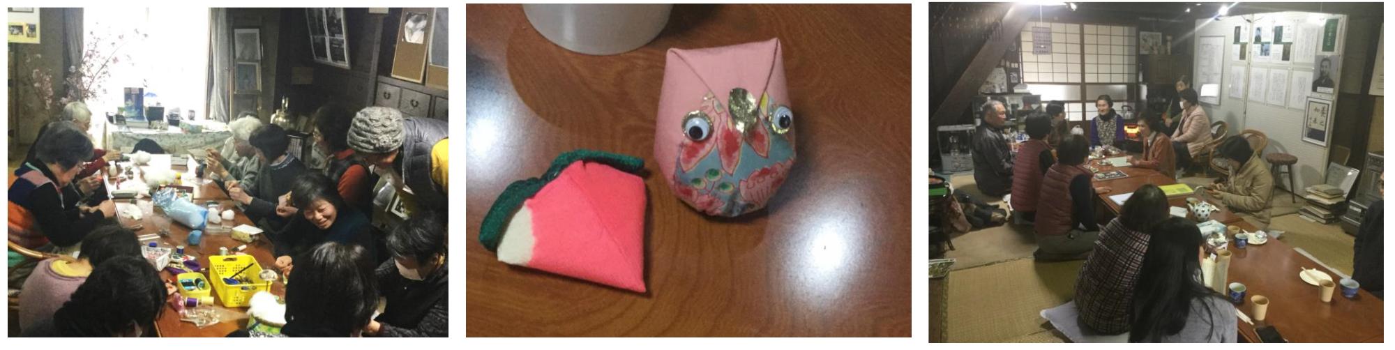 （左）上の家の手芸教室で針と糸を使い縫物をしている参加者の方々の写真、（中）手芸教室で作られたフクロウをモチーフにしたピンク色のマスコットの写真、（右）上の家でお茶を楽しみながら談笑している様子の写真