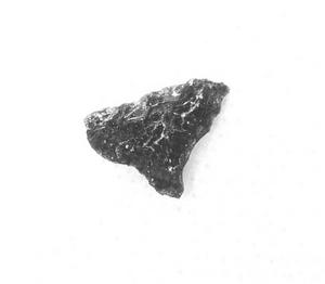 クジラの尾びれのような形で、表面が少しボコボコしている質感の石の白黒写真